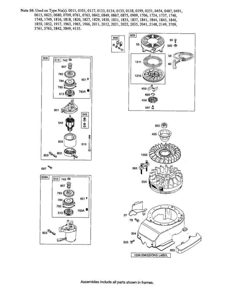 Motor Starter/Rewind Starter Diagram and Parts List for 126T00 0004-4830 Briggs and Stratton Engine